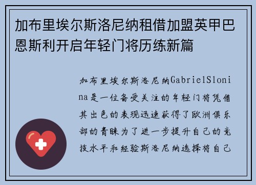 加布里埃尔斯洛尼纳租借加盟英甲巴恩斯利开启年轻门将历练新篇 加布里埃尔斯洛尼纳租借加盟英甲巴恩斯利开启年轻门将历练新篇