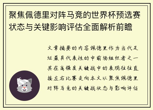 聚焦佩德里对阵马竞的世界杯预选赛状态与关键影响评估全面解析前瞻